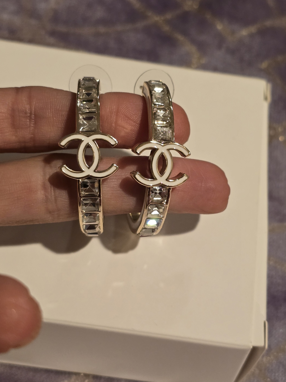 Chanel-Crystal Logo Hoop Earrings in Silver